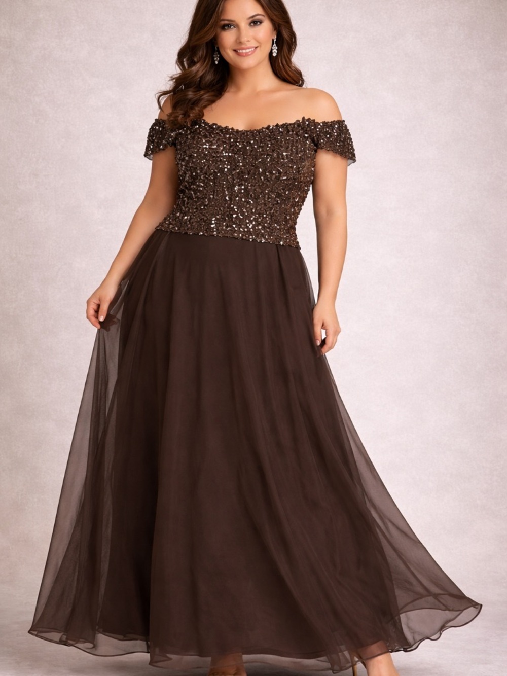 JKARA Brown Beaded Off Shoulder Evening Gown Size 10P NWT